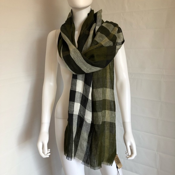 Burberry Olive Green Exploded Linen Nova Scarf NWT - Picture 3 of 8